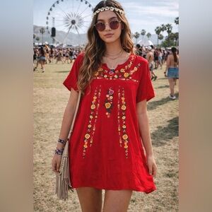 Umgee Red Floral Embroidered Dress Large